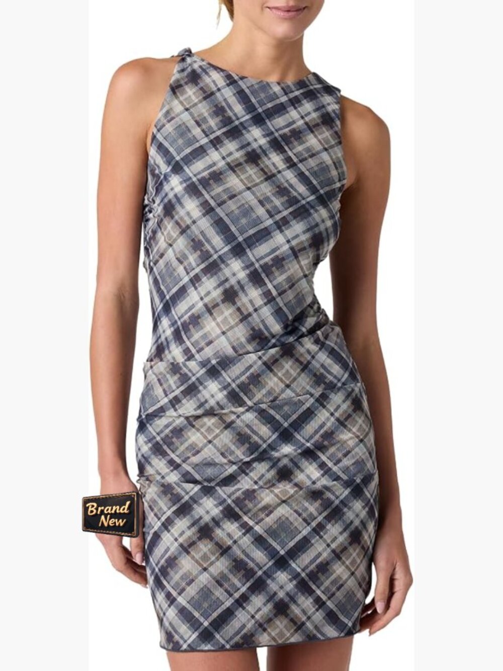 Women's Chiffon Mini Dress Plaid Ruched Sleeveless Party Cocktail